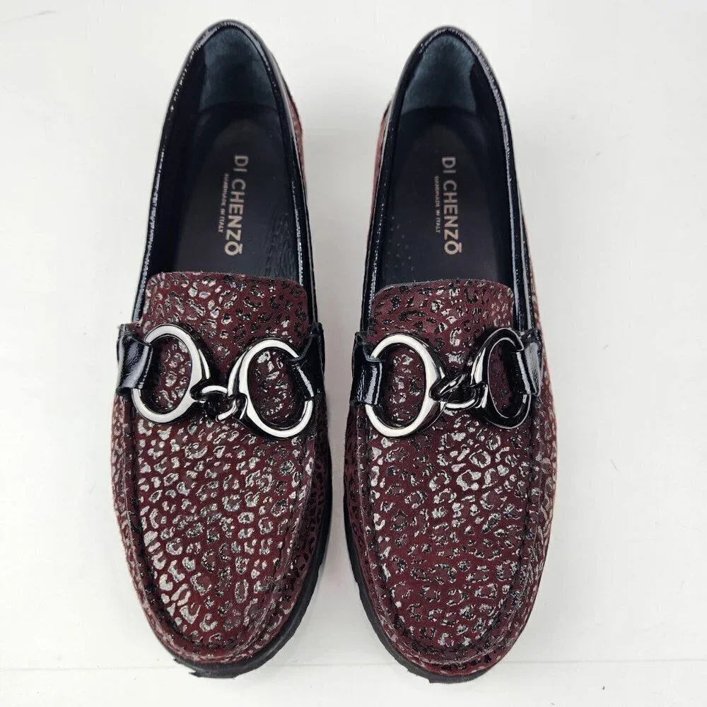 Di Chenzo Platform‎ Loafer Womens 9.5/10 Ocelot Burgundy Leather Italian Leopard